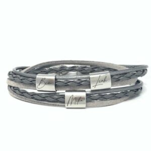 wickelarmband grau mit drei edelstahlperlen wunschtext1