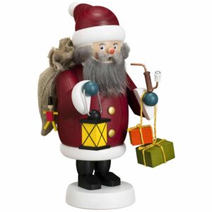 seiffener volkskunst raeuchermann weihnachtsmann mit geschenkesack mit geschenken mit laterne und mit pfeife