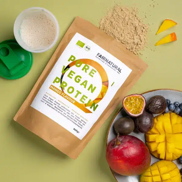 fairnatural bio veganes proteinpulver mango heidelbeeren und maracuja