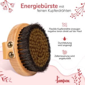 Lampox Energiebürste mit Kupferborsten, Holzgriff und Lederband. Verbesserte Durchblutung und Zellerneuerung durch Freisetzung negativer Ionen.