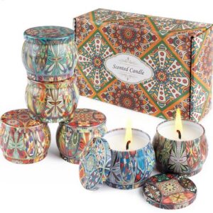 6er-Set Aromatherapie Kerzen, aufwendig gemusterte Duftkerzen mit lebendigen Designs umfasst. Dekorative Deckel.